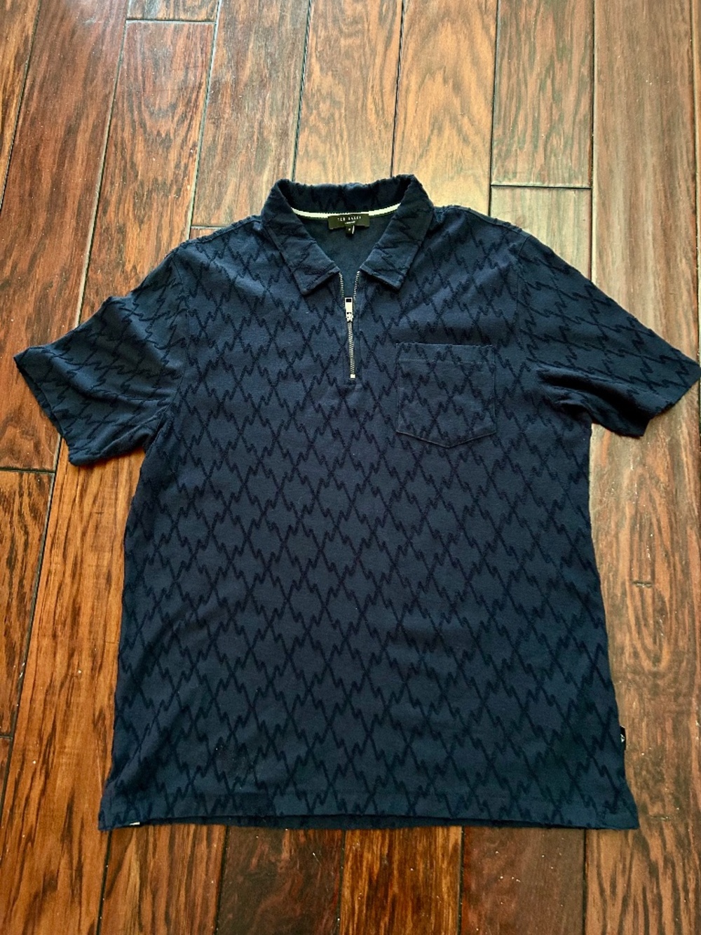 Jacquard  Pattern Cotton Ansom Geo Texture Zip Navy Polo by Ted Baker Sz 4 (L)